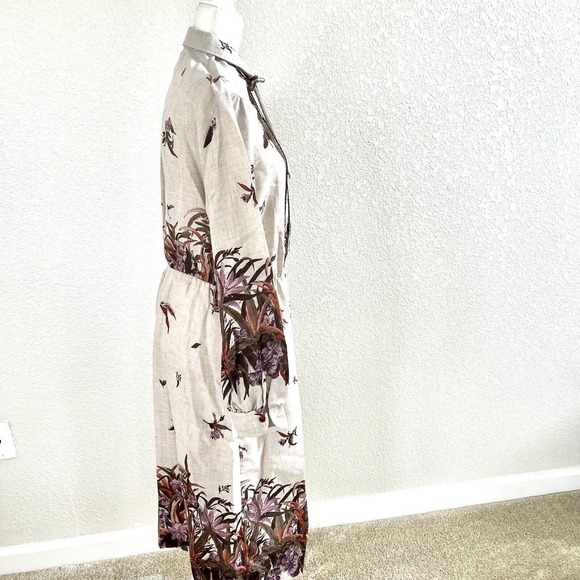Vtg 70’s Sunshine Alley Brown Beige Floral Bird Print Dress Sz 16 With Tie Neck - Picture 7 of 16